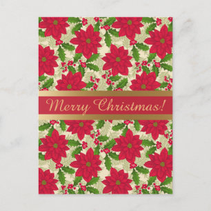 Postal Festiva Navidades hermosos Poinsettia, Holly, rama de Pine