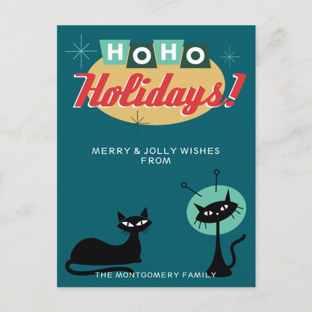 Postal Festiva Navidades Ho Ho Modernas de Mitad de Siglo (Anverso)