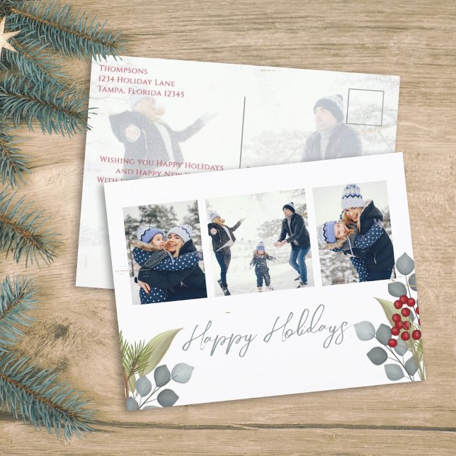 Postal Festiva Navidades Holiday Holly Berries Greenery 4 Foto (Happy Holidays Christmas photo budget friendly postcard template. )