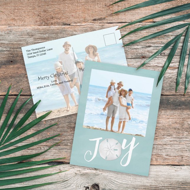 Postal Festiva Navidades Holiday Joy Photo Simple Beach Budget (Christmas Holiday Joy Typography Sand Dollar Beach Two Photo Postcard)