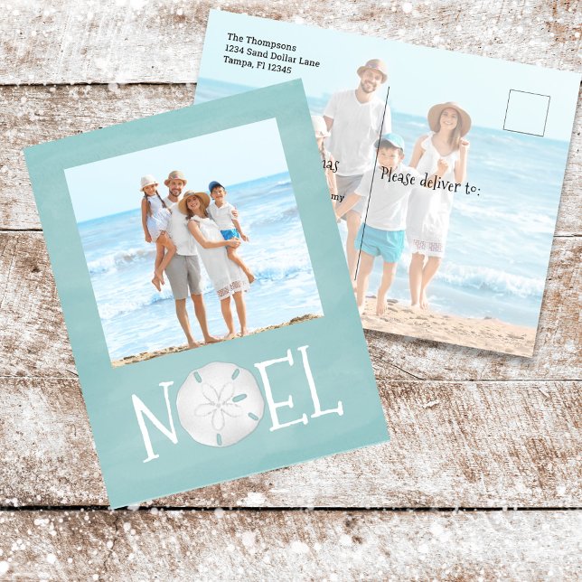 Postal Festiva Navidades Holiday Noel Photo Simple Beach Budget (Holiday Christmas Noel Sand Dollar Beach Typography Postcard.)