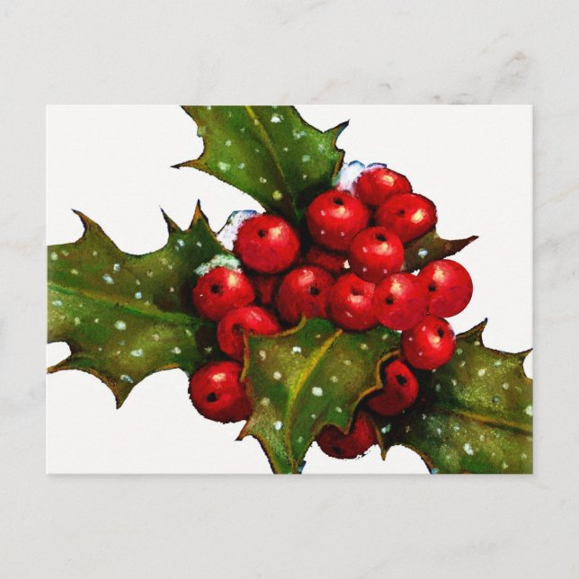Postal Festiva Navidades Holly con Berries y Nieve: Arte (Anverso)