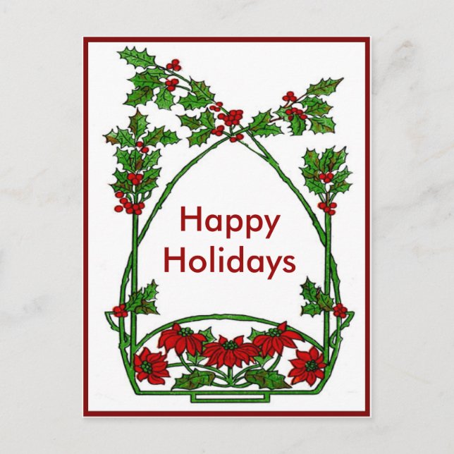 Postal Festiva Navidades Holly y Pointsettia (Anverso)
