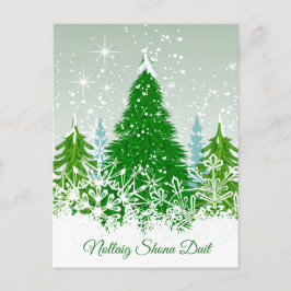 Postal Festiva Navidades irlandeses, abetos verdes de nieve