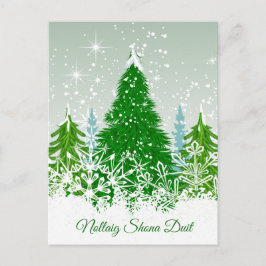 Postal Festiva Navidades irlandeses, abetos verdes de nieve