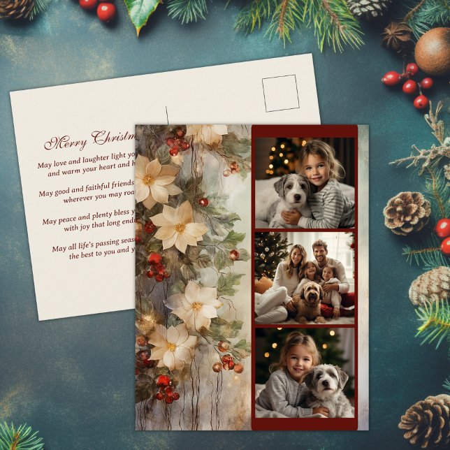 Postal Festiva Navidades irlandeses bendiciendo 3 flores de invie (Christmas Irish Blessing 3 Photo Winter Flowers Holiday Postcard)