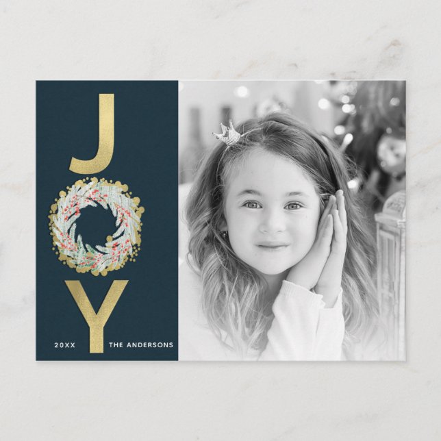 Postal Festiva NAVIDADES JOY Wreath Relieve metalizado dorado Fot (Anverso)
