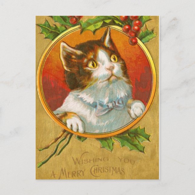 Postal Festiva Navidades Kitten con bayas holly (Anverso)