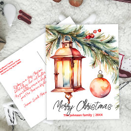Postal Festiva Navidades Lantern Pine Branch y Holly Berries