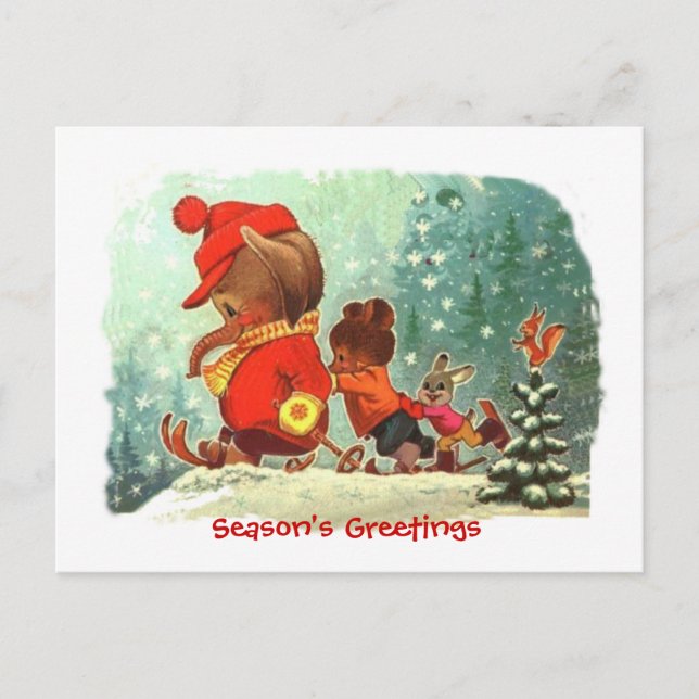 Postal Festiva Navidades, lecciones de esquí animal (Anverso)