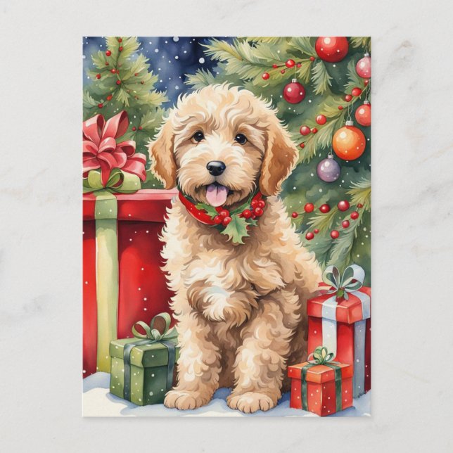 Postal Festiva Navidades lindos Labradoodle Cachorro con regalos (Anverso)