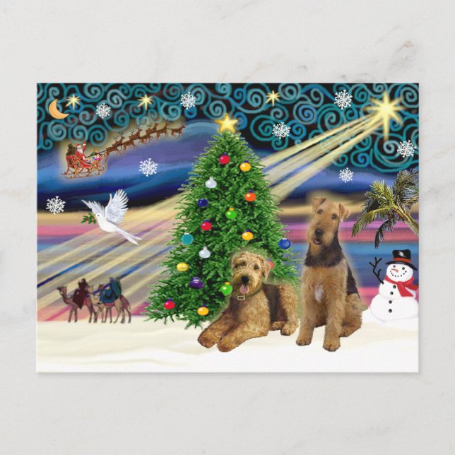 Postal Festiva Navidades Magia - Dos Airedales (Anverso)