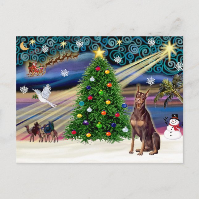 Postal Festiva Navidades Magic Doberman Pinscher (rojo) (Anverso)