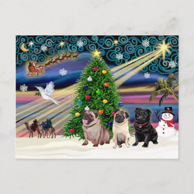 Postal Festiva Navidades Magic Pugs (3, 2 fawn, 1 negro) (Anverso)
