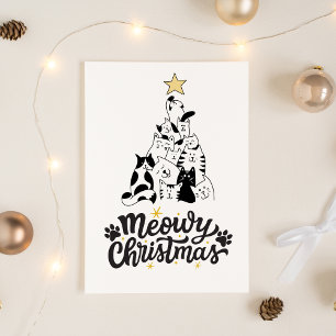 Postal Festiva Navidades Meowy del árbol del gato negro y blanco