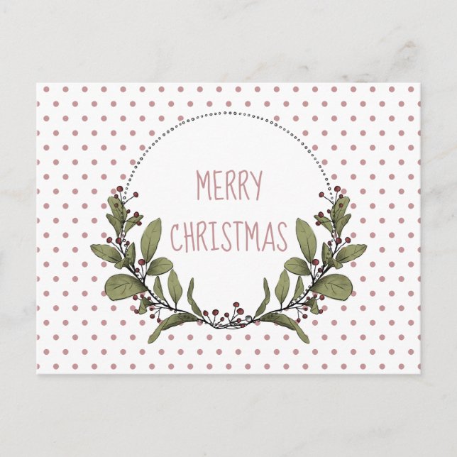 Postal Festiva Navidades Mistletoe Wreath Fiesta Verde Rosa (Anverso)