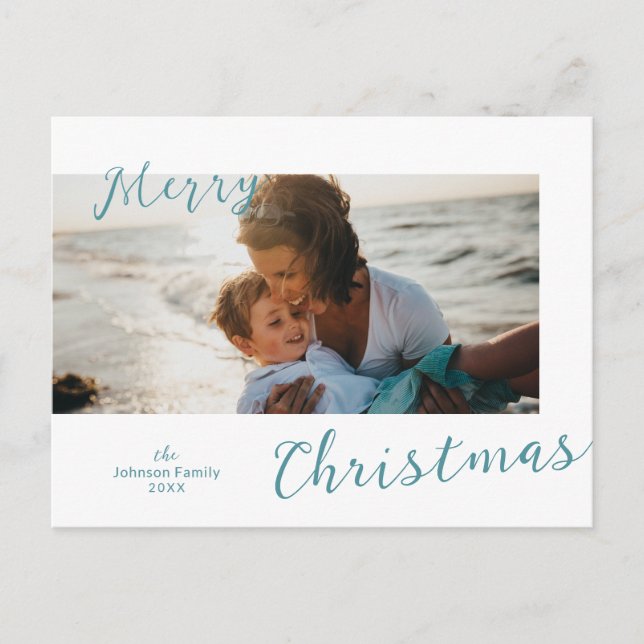 Postal Festiva Navidades modernos de foto azul minimal (Anverso)