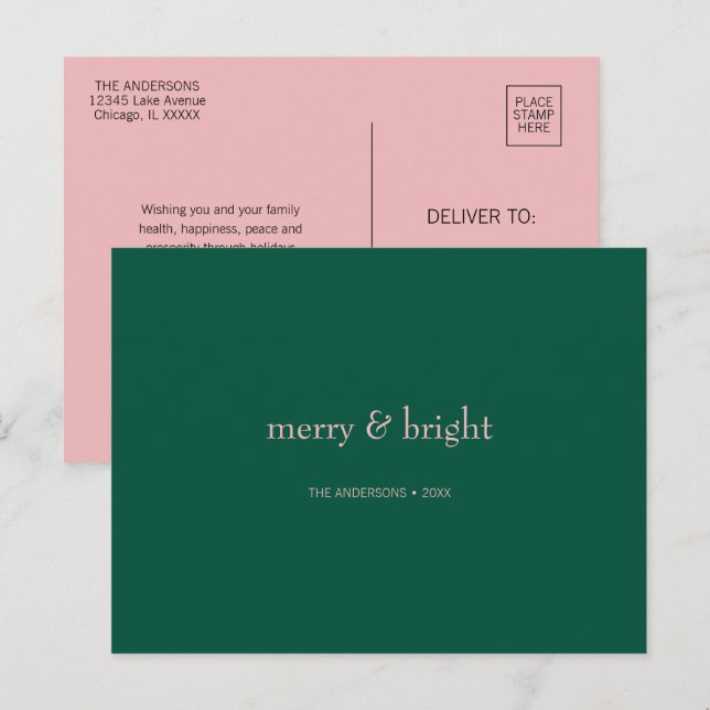 Postal Festiva Navidades modernos merry y brillantes verdes y ros (Anverso / Reverso)