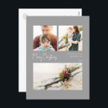 Postal Festiva Navidades modernos | Tres fotos centradas en plata<br><div class="desc">Navidades modernos | tarjeta postal de vacaciones de tres fotos centrada en la plata es perfecta para tu minimalista y chic saludo de vacaciones de boho plata y blanco. La caligrafía escrita a mano, mínima y caprichosa, es delicada y rústica, aunque elegante y elegante. Encontrará que todo lo relacionado con...</div>