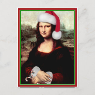 Postal Festiva Navidades Mona Lisa Con Santa Hat