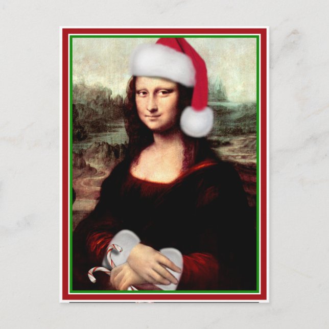 Postal Festiva Navidades Mona Lisa Con Santa Hat (Anverso)