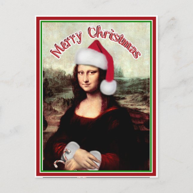 Postal Festiva Navidades Mona Lisa Con Santa Hat (Anverso)