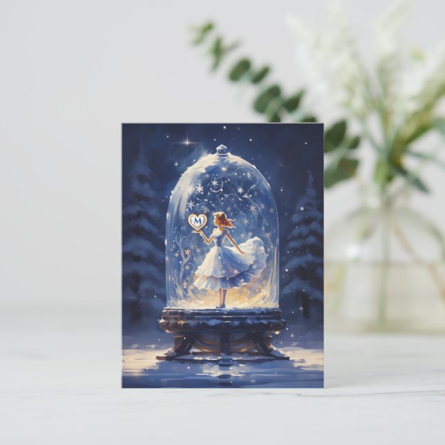 Postal Festiva Navidades Monograma Cute Nieve Globe (Anverso de pie)