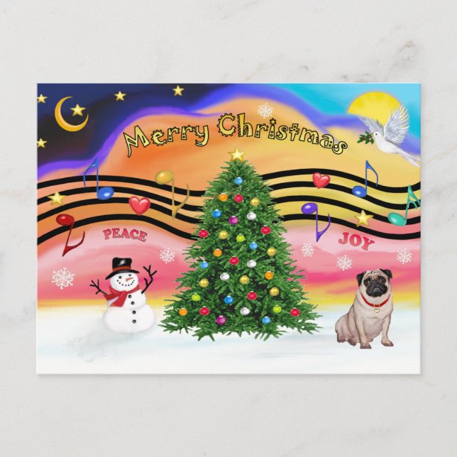 Postal Festiva Navidades Música 2 - Pug (aversión) (Anverso)