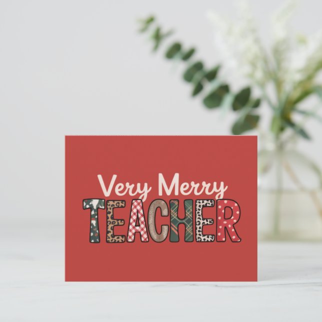 Postal Festiva Navidades muy Merry Teacher Leopard Tree (Anverso de pie)