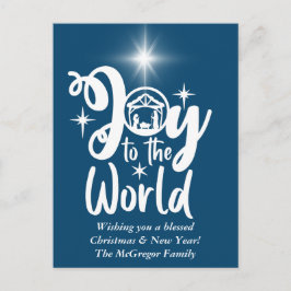 Postal Festiva Navidades Natividad Alegría por el mundo azul y bl