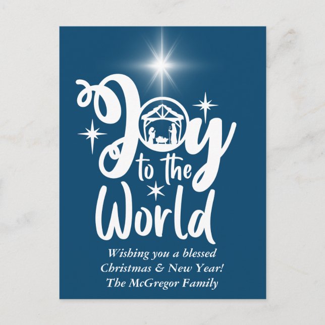 Postal Festiva Navidades Natividad Alegría por el mundo azul y bl (Anverso)