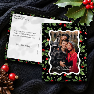 Postal Festiva Navidades negros en negrita Holly Wavy Frame Photo