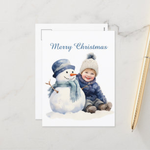 Postal Festiva Navidades niño snowman añaden acuarela de texto Ho