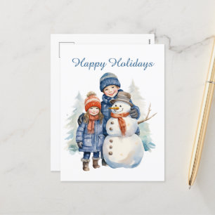 Postal Festiva Navidades niños snowman añaden acuarela de texto H