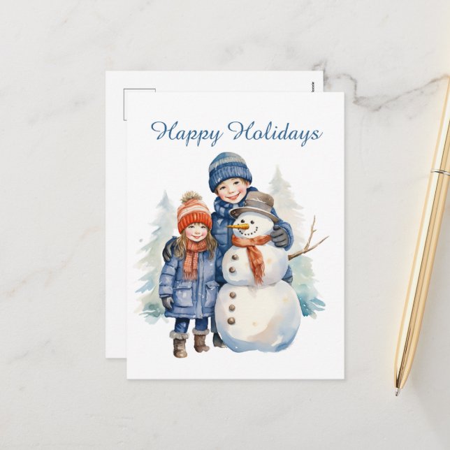 Postal Festiva Navidades niños snowman añaden acuarela de texto H (Anverso/Reverso In Situ)