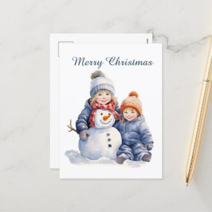 Postal Festiva Navidades niños snowman añaden acuarela de texto H