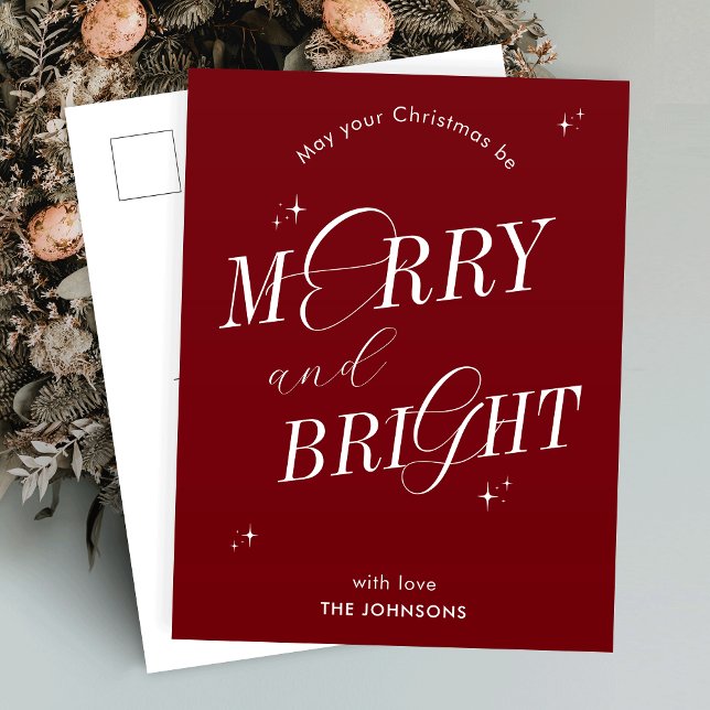Postal Festiva Navidades no fotográficos con escritura roja brill (Spread the festive cheer with this elegant merry and bright postcard design)