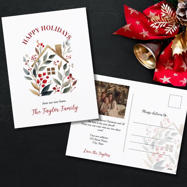 Postal Festiva Navidades Nuevo Hogar (cute watercolor house surrounded with christmas greenery)