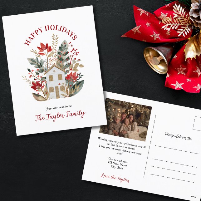 Postal Festiva Navidades Nuevo Hogar (cute watercolor house surrounded with christmas greenery)