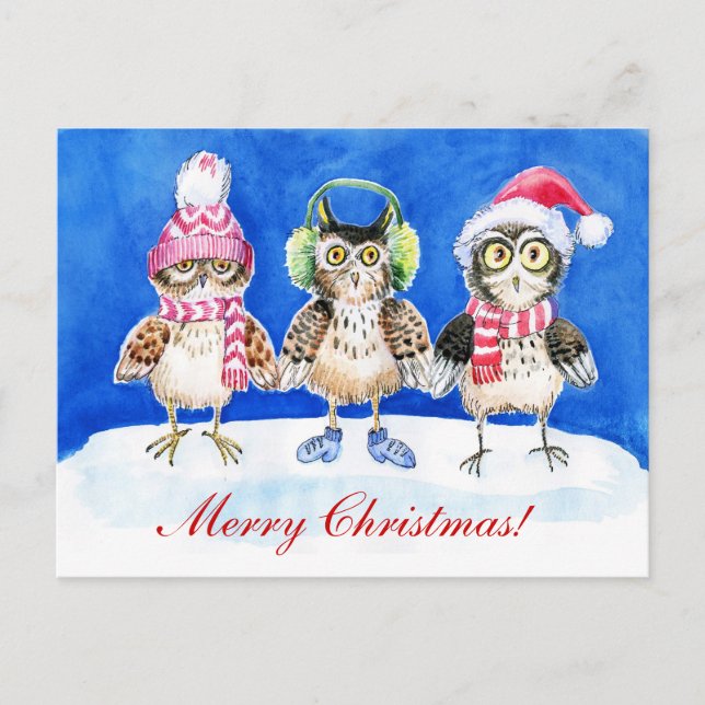 Postal Festiva Navidades owls acuarela (Anverso)