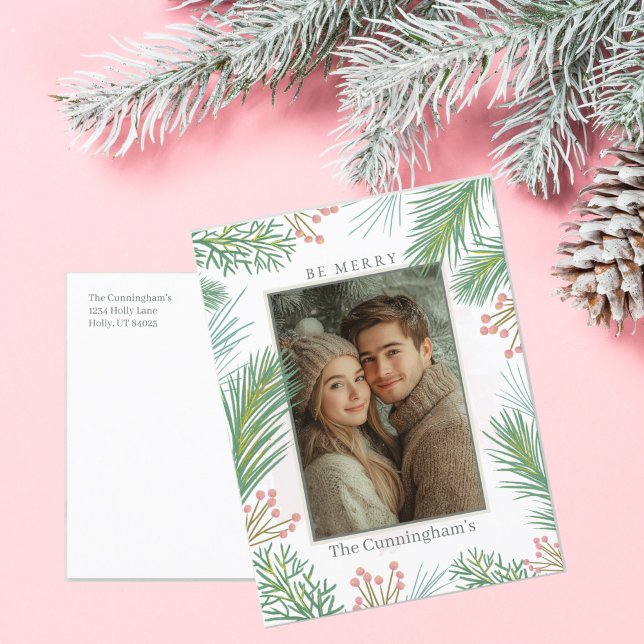 Postal Festiva Navidades Pastel Rosa y Green Holly (Pink Christmas Photo Postcard)
