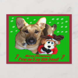 Postal Festiva Navidades Pastor alemán y reno de juguetes