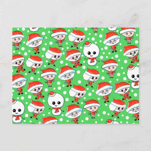 Postal Festiva Navidades Patran Santa y Snowman en verde. (Anverso)