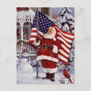 Postal Festiva Navidades patrióticos Santa portando bandera estad