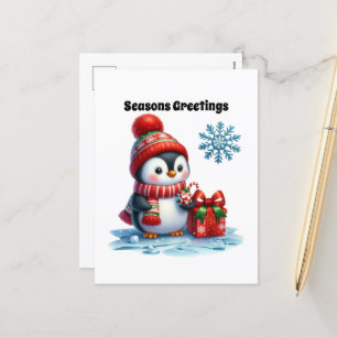 Postal Festiva Navidades personalizable de pingüino Estaciones Sa