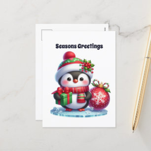 Postal Festiva Navidades personalizable de pingüino Estaciones Sa