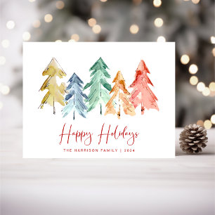 Postal Festiva Navidades Pine Trees Watercolor Happy