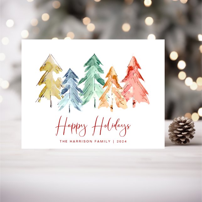 Postal Festiva Navidades Pine Trees Watercolor Happy (Subido por el creador)