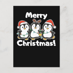 Postal Festiva Navidades pingüinos animales adornan pingüinos
