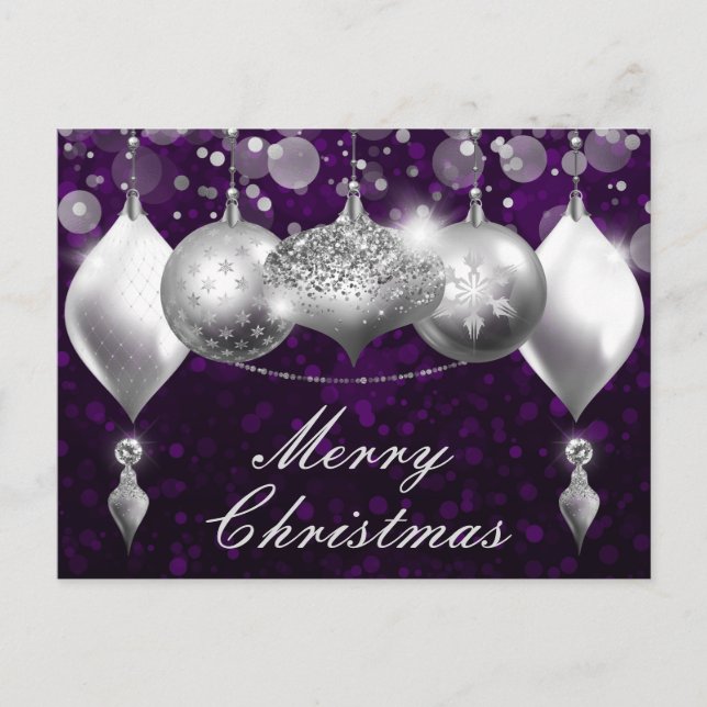Postal Festiva Navidades plateados y púrpura adornos de baudibles (Anverso)